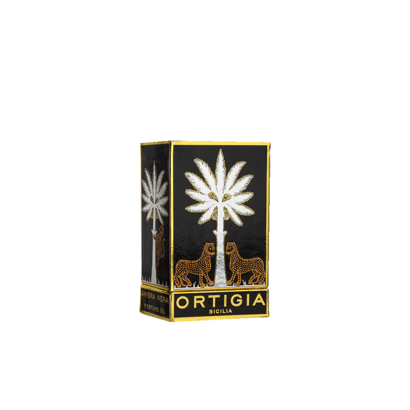 Caja de aceite corporal Ortigia Ambra Nera con diseño dorado y felinos.