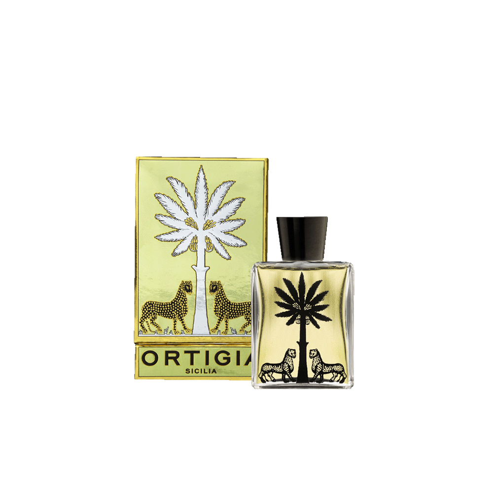 Aceite corporal Ortigia en botella de vidrio con tapa negra y diseño siciliano