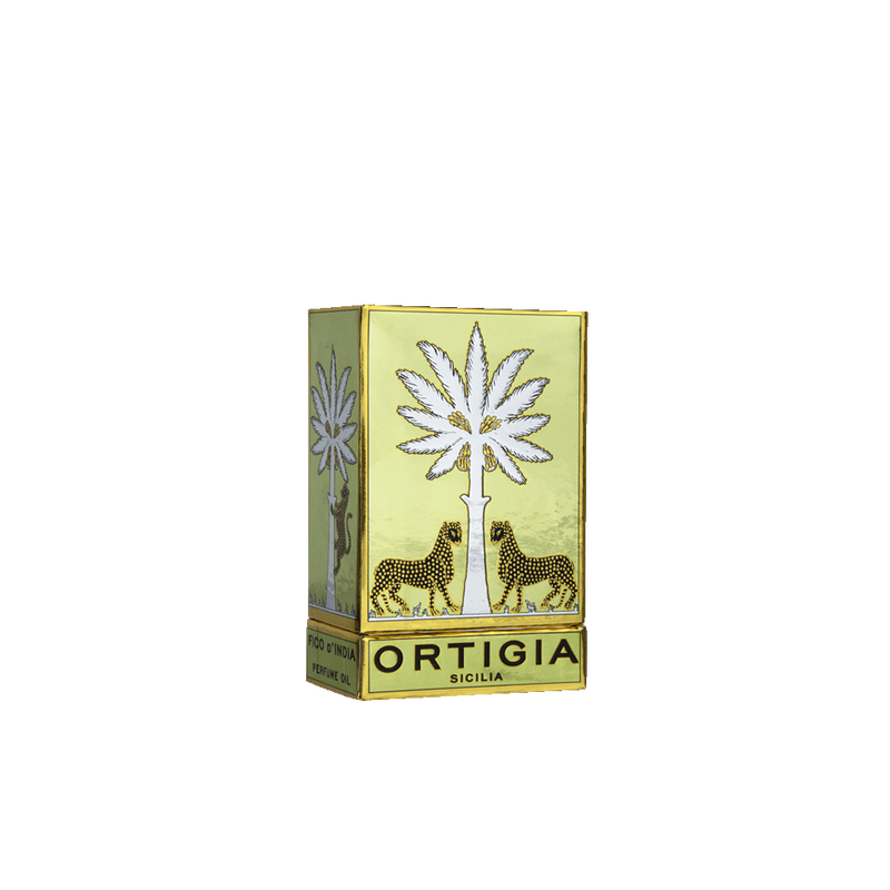 Caja de aceite corporal Ortigia con ilustración de palmera y leones