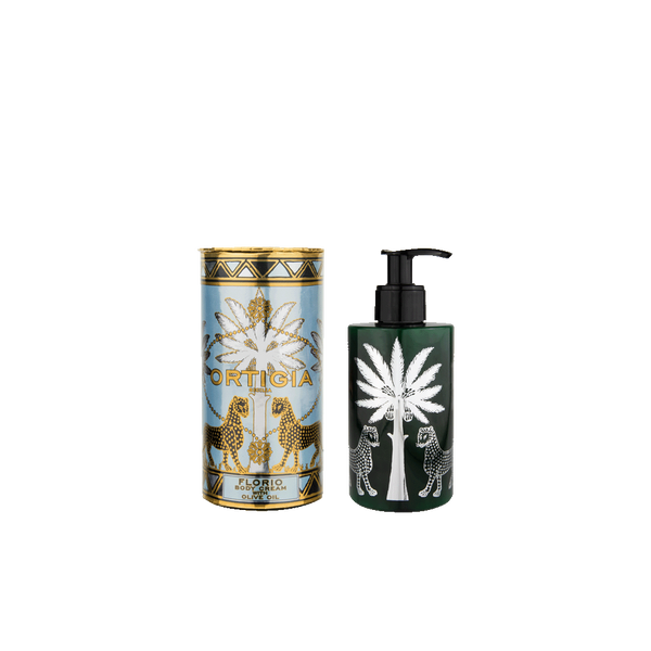 Crema corporal en lata y dispensador con tapa, diseño Florio de Ortigia.