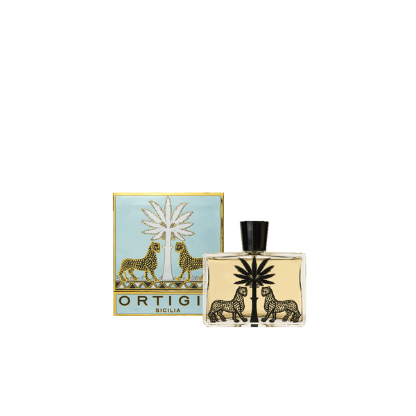 Perfume Eau de Parfum Florio Ortigia 100 ml: frasco cuadrado con tapa negra, y caja