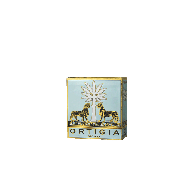 Caja de Eau de Parfum Florio Ortigia 100 ml con tigres y palmera, diseño dorado
