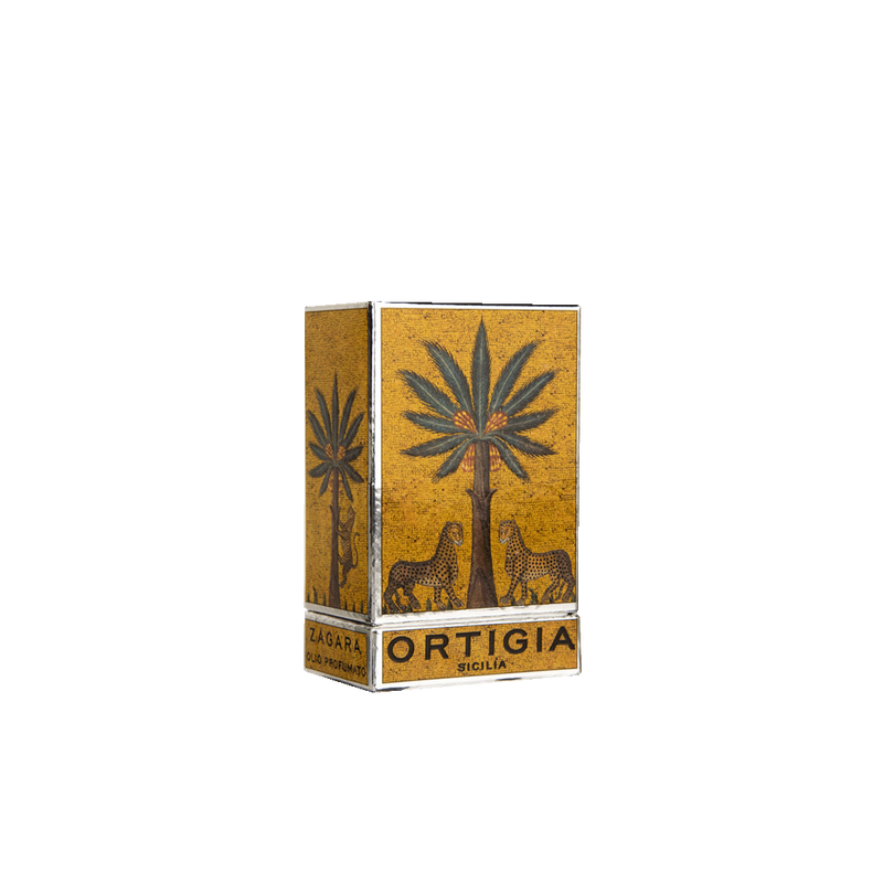 Caja de aceite corporal Ortigia Zagara con ilustración dorada y motivos de flores