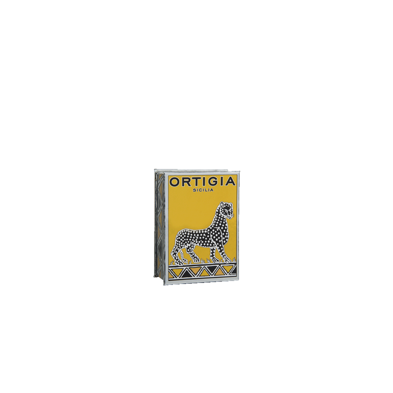 Caja de Eau de Parfum Zagara de Ortigia con leopardo y fondo amarillo.