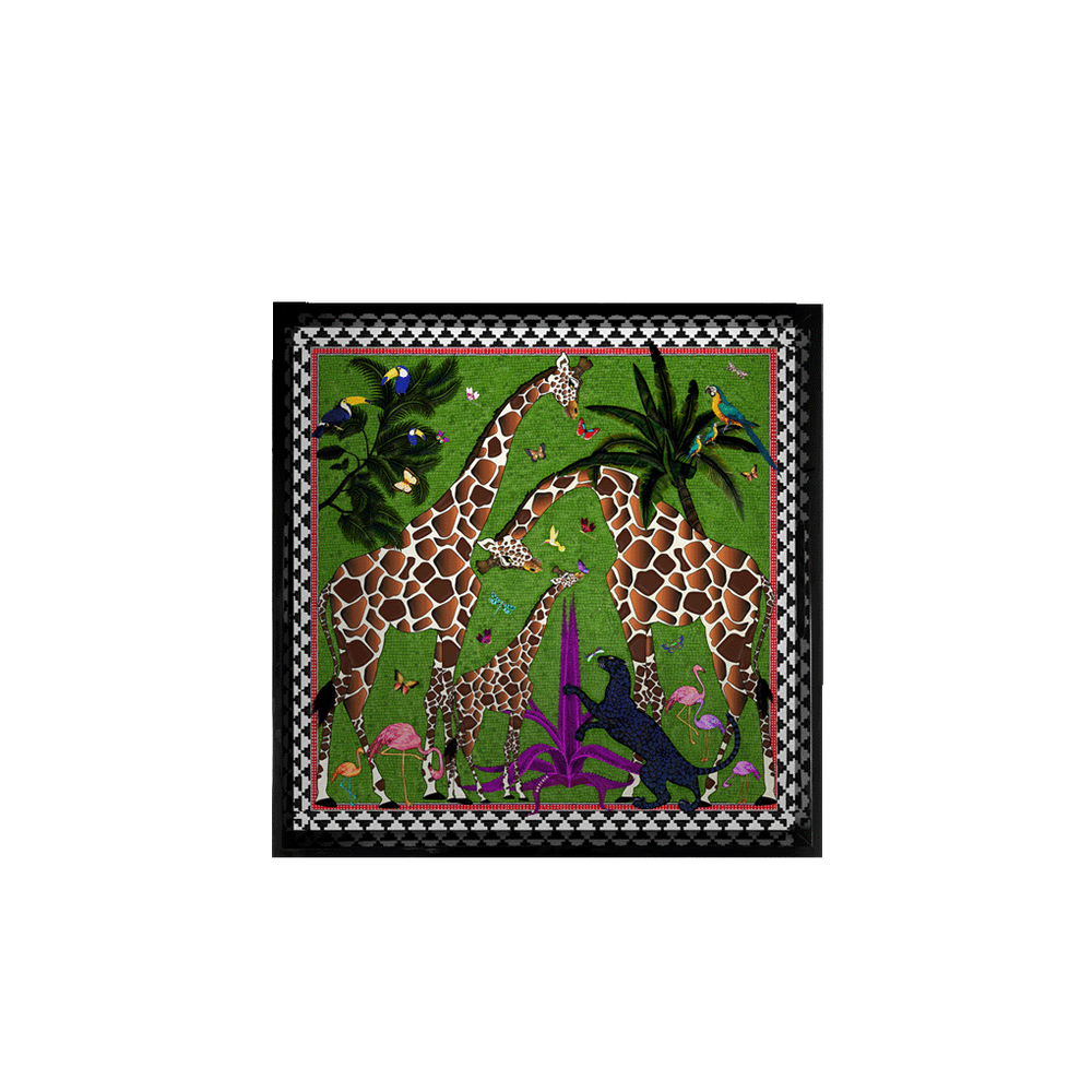 Bandeja lacada con ilustración de jirafas y animales de selva, diseño cuadrado