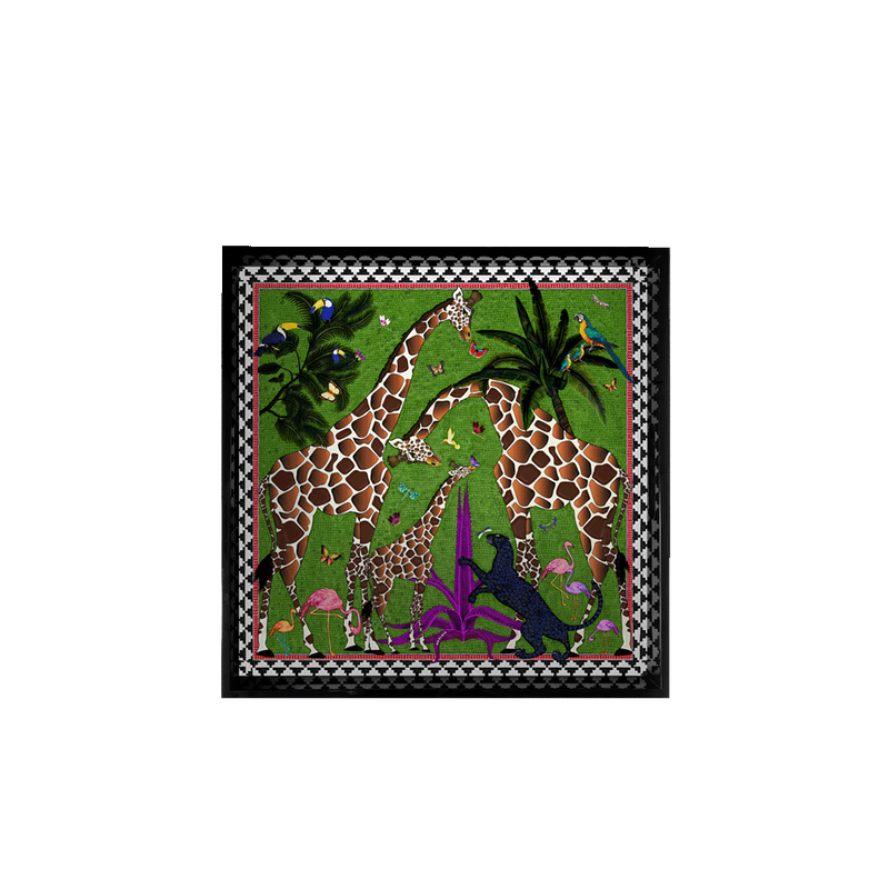 Bandeja lacada con ilustración de jirafas y animales de selva, diseño cuadrado