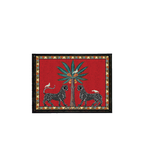 Bandeja lacada con borde de mosaico amarillo y rojo, diseño central de felinos y flor