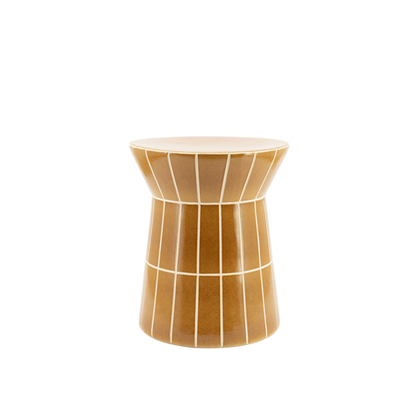 Mesa auxiliar de cerámica mostaza D38 cm con diseño de retícula blanca