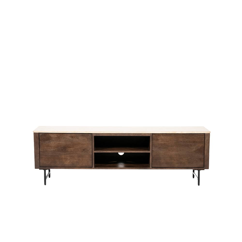 Mueble TV de madera con dos puertas laterales y un compartimento central abierto