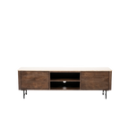 Mueble TV de madera con dos puertas laterales y un compartimento central abierto
