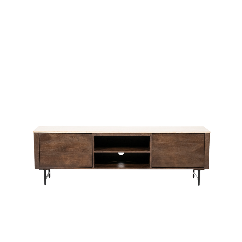 Mueble TV de madera con dos puertas laterales y un compartimento central abierto