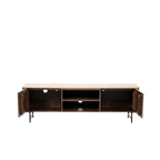 Mueble TV de madera con soporte metálico, frentes con dos puertas y hueco central