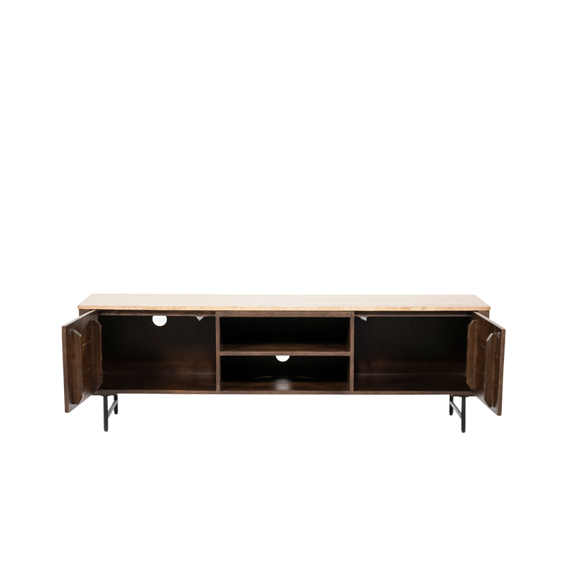 Mueble TV de madera con soporte metálico, frentes con dos puertas y hueco central