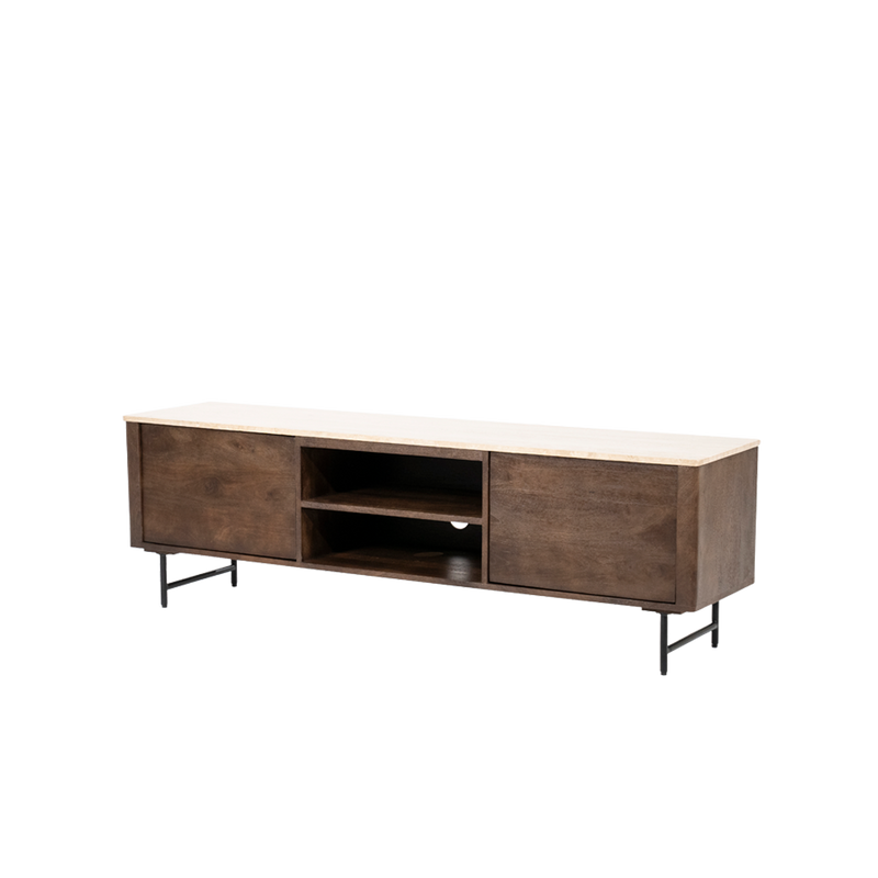 Mueble TV de madera con puertas abatibles laterales y estante central abierto