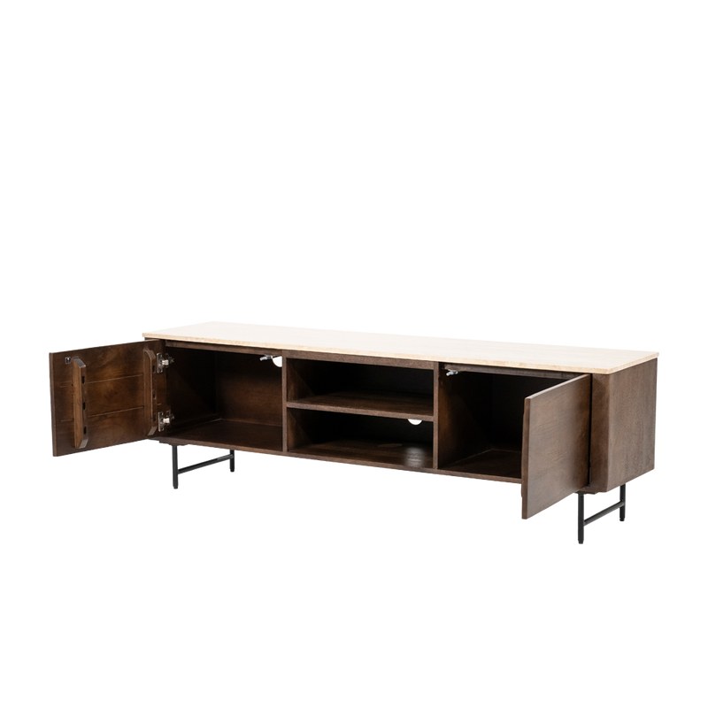 Mueble TV con puerta lateral abierta, huecos interiores y panel central con repisa