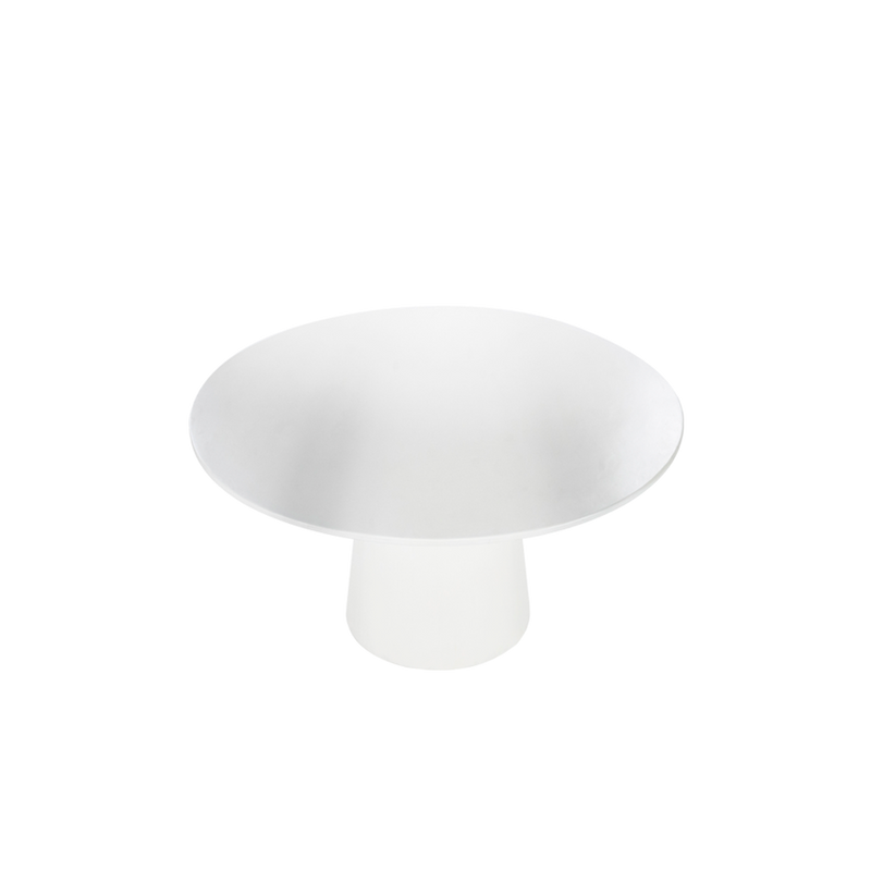 Mesa redonda blanca con tablero circular y base central cilíndrica