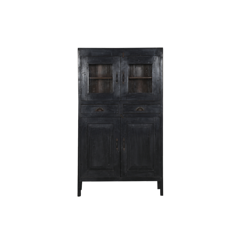Vitrina de madera negra con dos cajones y puertas con paneles interiores