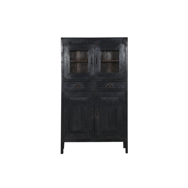 Vitrina de madera negra con dos cajones y puertas con paneles interiores
