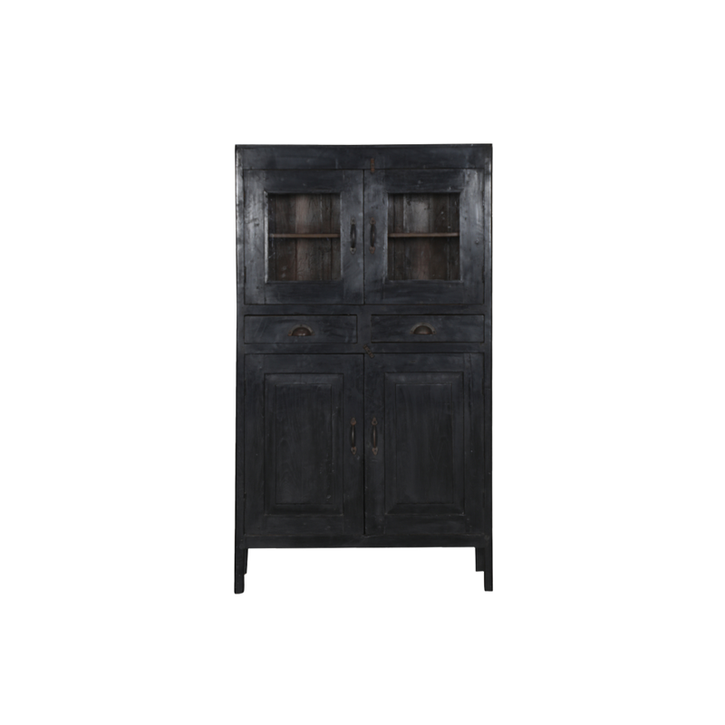 Vitrina de madera negra con dos cajones y puertas con paneles interiores