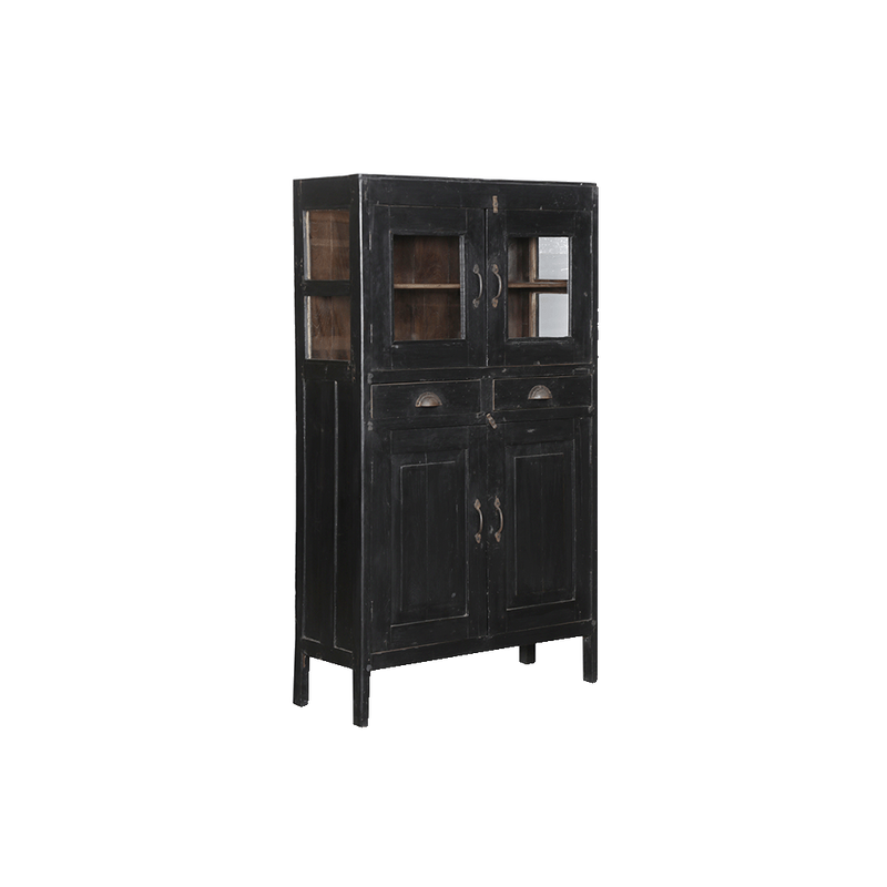 Vitrina de madera negra con puertas superiores y estantes visibles en el interior