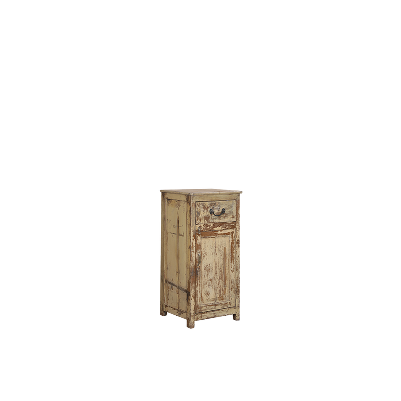 Mesita de noche de madera envejecida, vista lateral, 1 cajón superior.