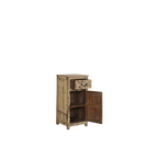 Mesita de noche de madera envejecida con cajón y puerta abierta, interior visible.