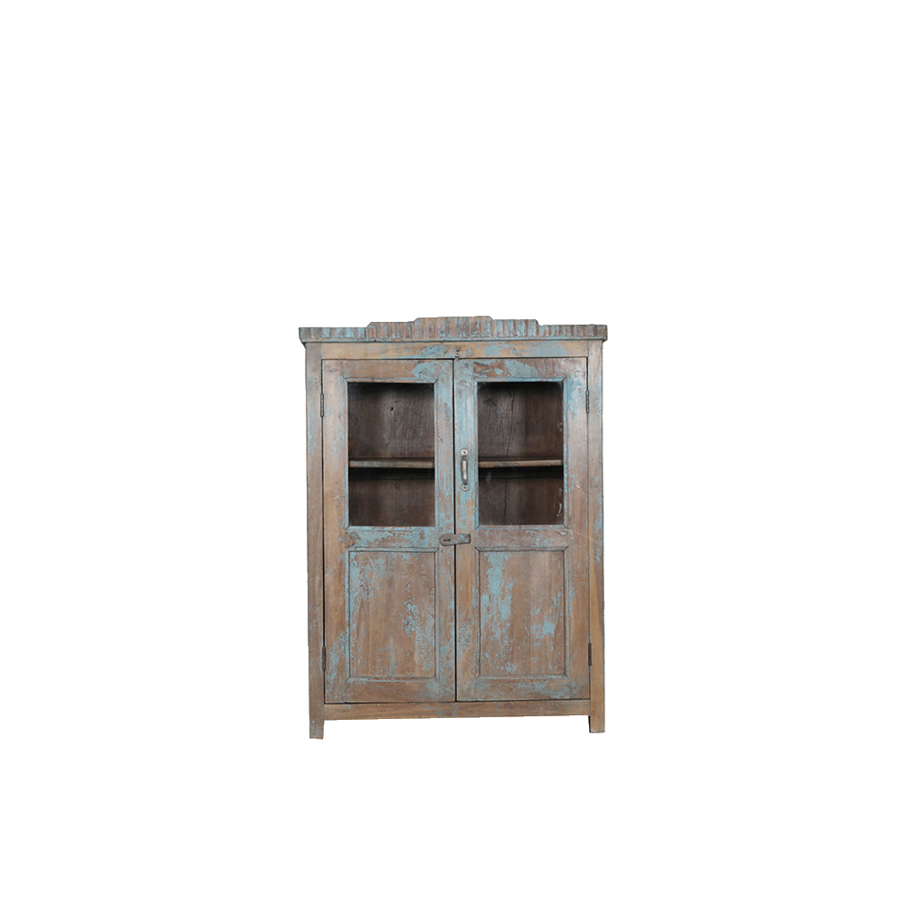 Vitrina de madera azul decapada con 2 puertas y estantes interiores