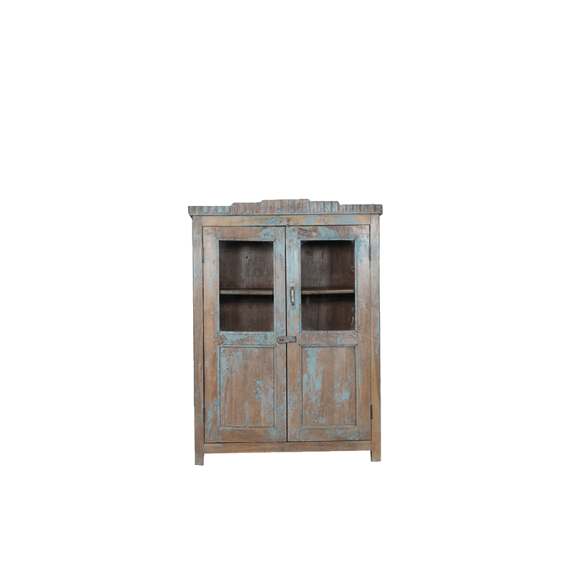 Vitrina de madera azul decapada con 2 puertas y estantes interiores