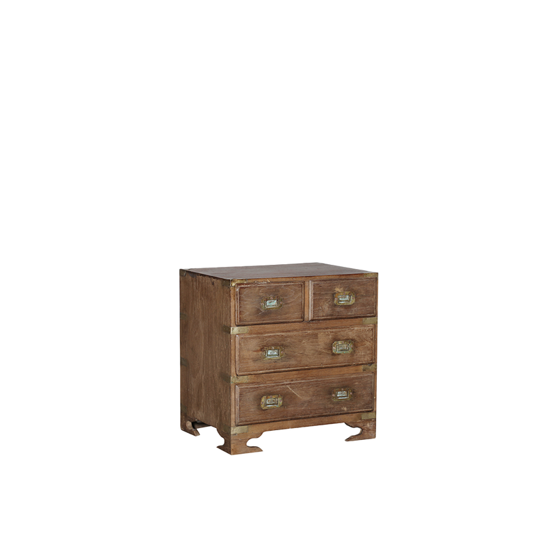 Cajonera de madera marrón con 4 cajones, vista lateral, tiradores metálicos