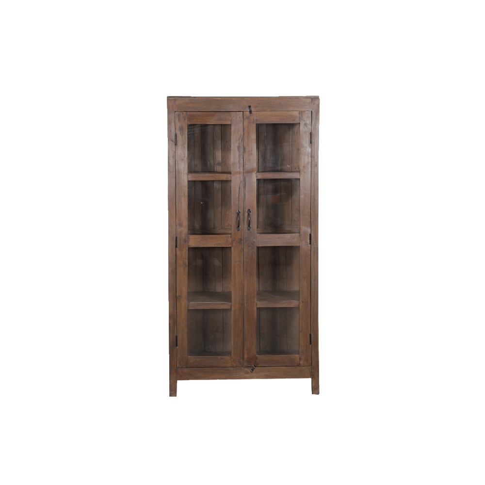 Vitrina de madera marrón con puertas de cristal y compartimentos interiores.
