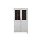 Vitrina de madera blanca con dos puertas de vidrio y estantes interiores oscuros
