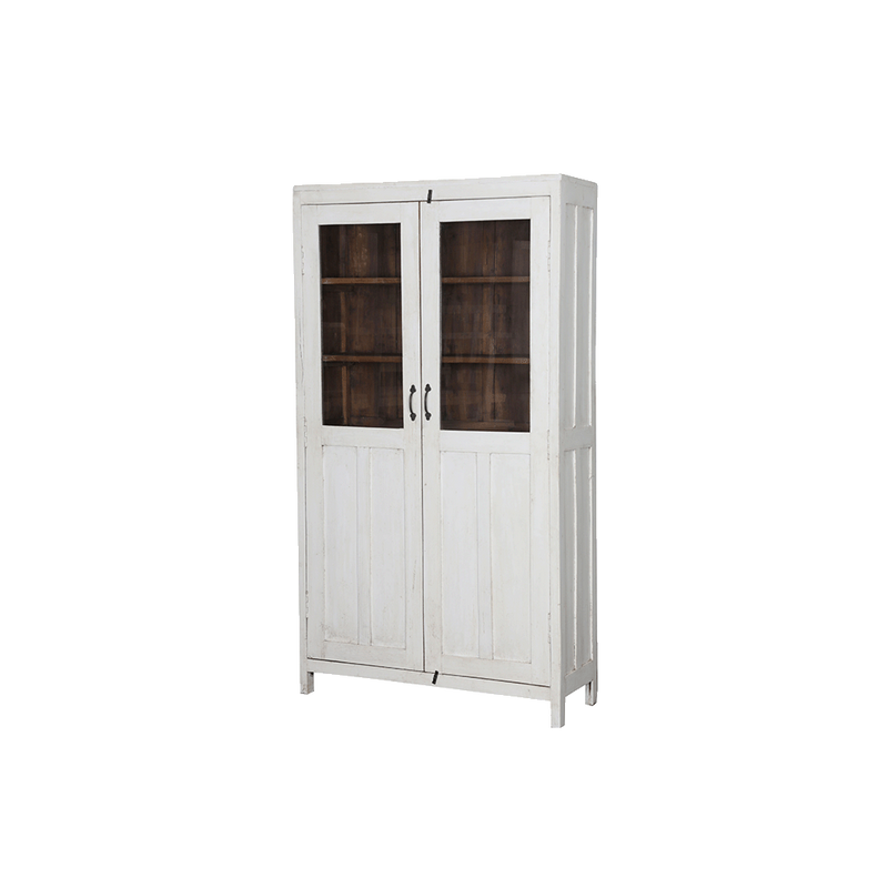 Vitrina de madera blanca en vista lateral con dos puertas de vidrio y estantes