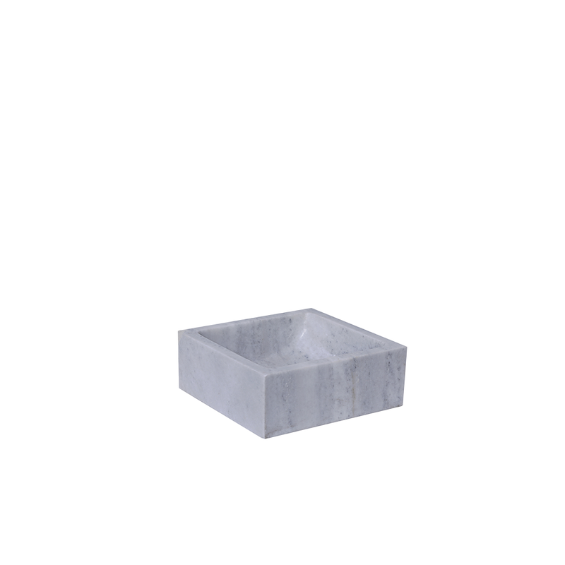 Pica de mármol rectangular gris con interior profundo y bordes rectos, vista en ángulo
