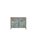 Aparador de madera turquesa con 4 cajones y 2 puertas, tiradores metálicos.