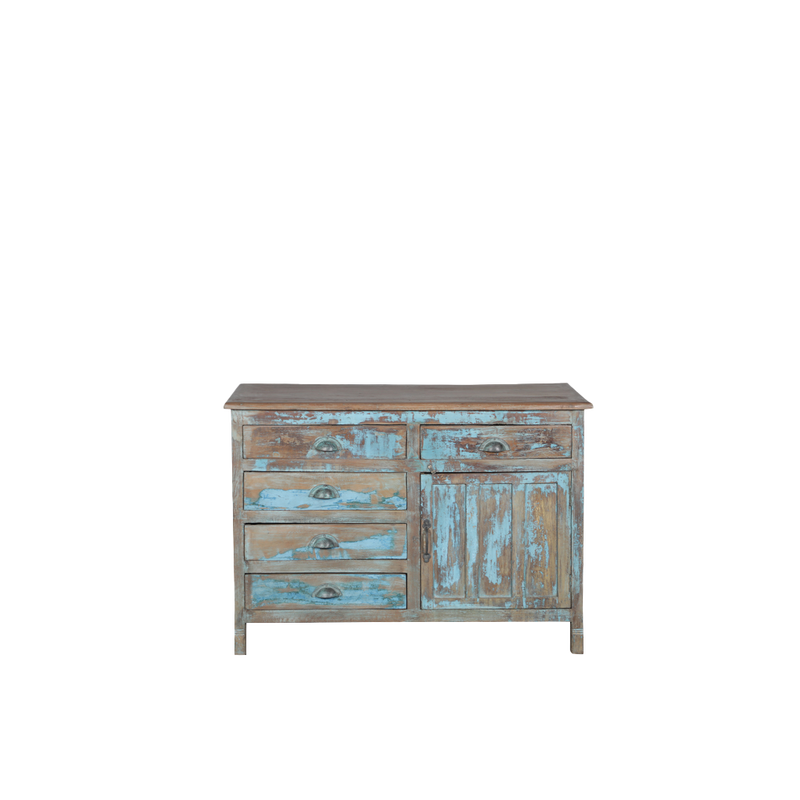 Aparador de madera turquesa con 4 cajones y 2 puertas, tiradores metálicos.