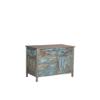 Aparador de madera turquesa con 4 cajones, 2 puertas y acabado envejecido.
