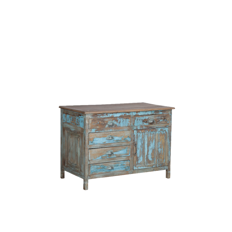 Aparador de madera turquesa con 4 cajones, 2 puertas y acabado envejecido.