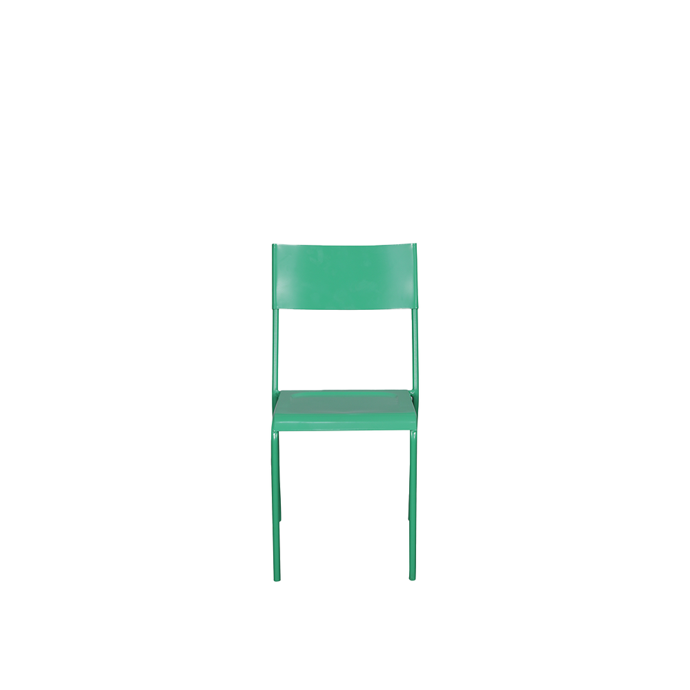 Silla de hierro verde claro con respaldo rectangular y asiento verde