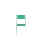 Silla de hierro verde claro con respaldo rectangular y asiento verde