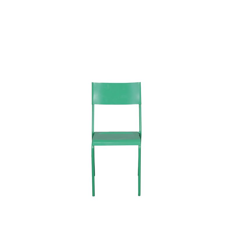 Silla de hierro verde claro con respaldo rectangular y asiento verde