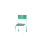 Silla de hierro verde claro con respaldo rectangular y asiento verde, vista 3/4
