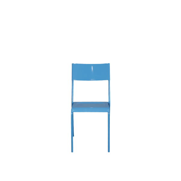 Silla de hierro azul claro con respaldo rectangular