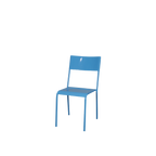 Silla de hierro azul claro con asiento y patas delgadas, vista lateral