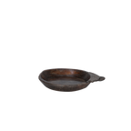 Cuenco de madera marrón oscuro, forma ovalada y borde irregular, con saliente lateral