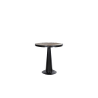 Mesa redonda de madera oscura con pata central tipo pedestal negra