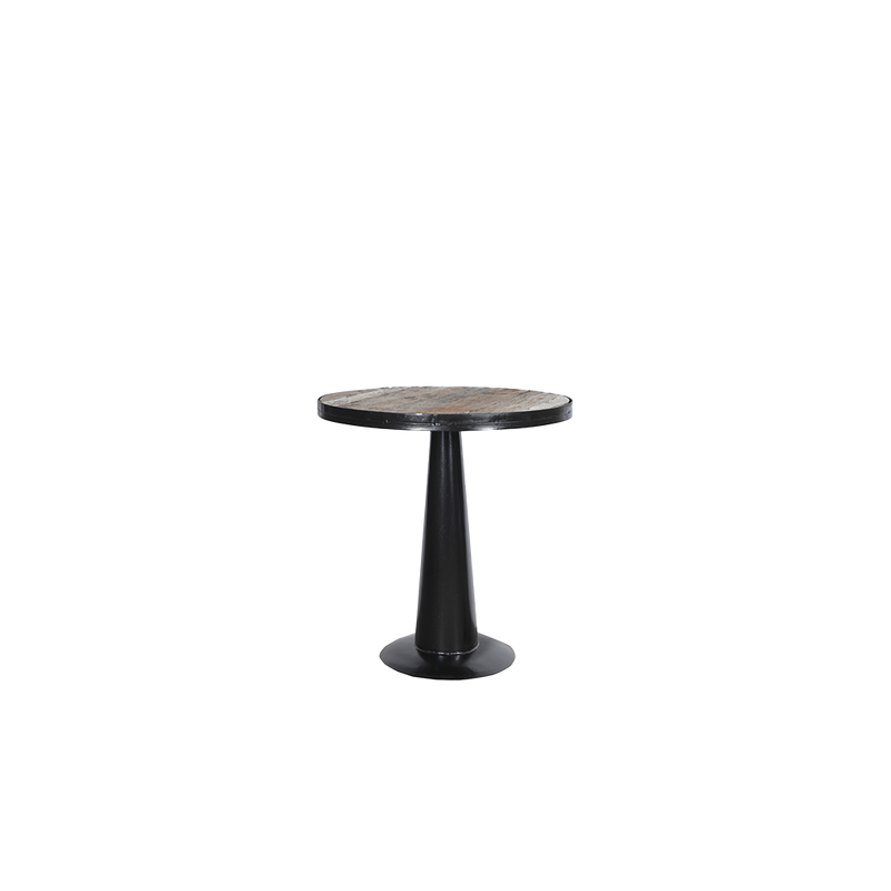 Mesa redonda de madera oscura con pata central tipo pedestal negra