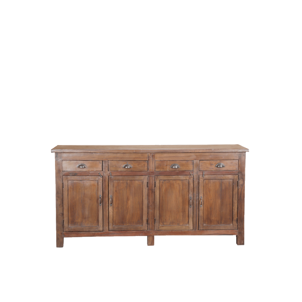 Aparador de madera maciza con 4 puertas y 4 cajones, herrajes metálicos.