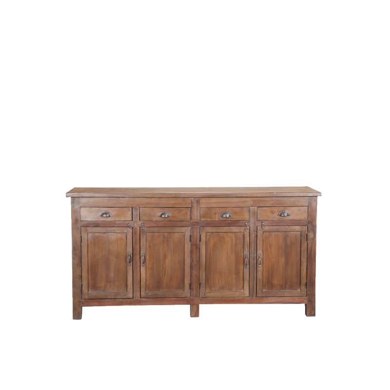 Aparador de madera maciza con 4 puertas y 4 cajones, herrajes metálicos.