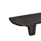 Mesa de centro de madera oscura, vista lateral del tablero y pata central