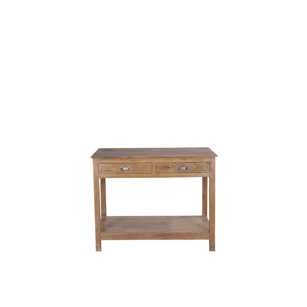 Consola de madera maciza con dos cajones y repisa inferior, acabado marrón